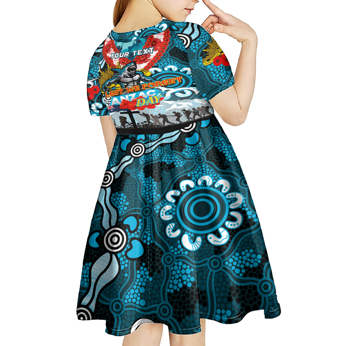 Personalised Sharks ANZAC Day Kid Short Sleeve Dress Aboriginal Rising Sun