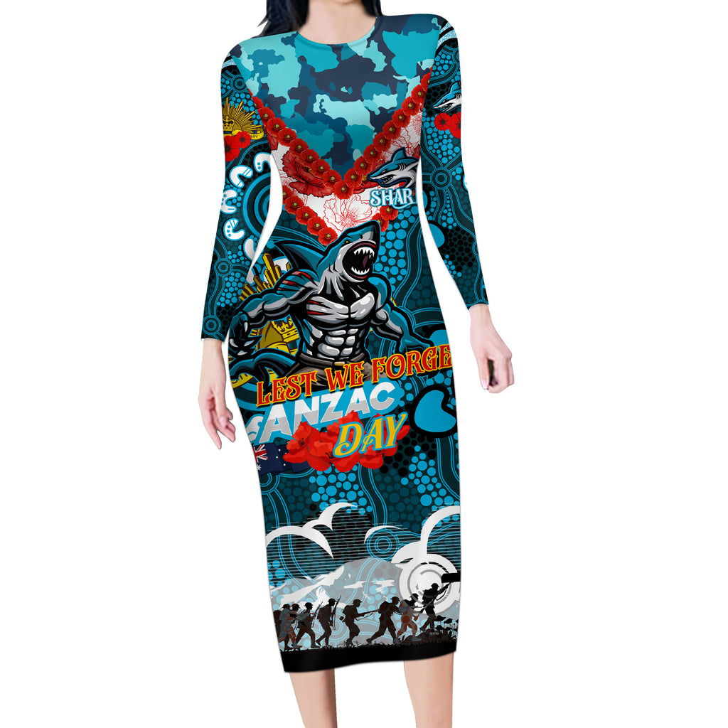 Personalised Sharks ANZAC Day Long Sleeve Bodycon Dress Aboriginal Rising Sun