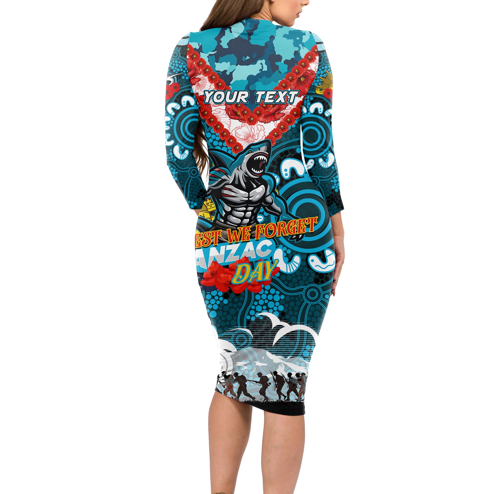 Personalised Sharks ANZAC Day Long Sleeve Bodycon Dress Aboriginal Rising Sun
