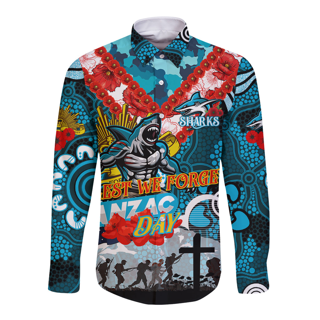 Personalised Sharks ANZAC Day Long Sleeve Button Shirt Aboriginal Rising Sun