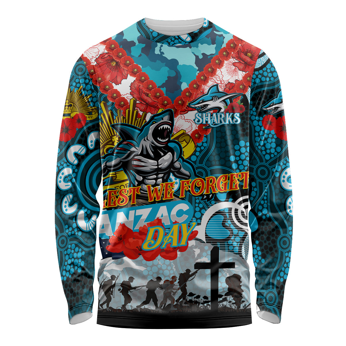 Personalised Sharks ANZAC Day Long Sleeve Shirt Aboriginal Rising Sun