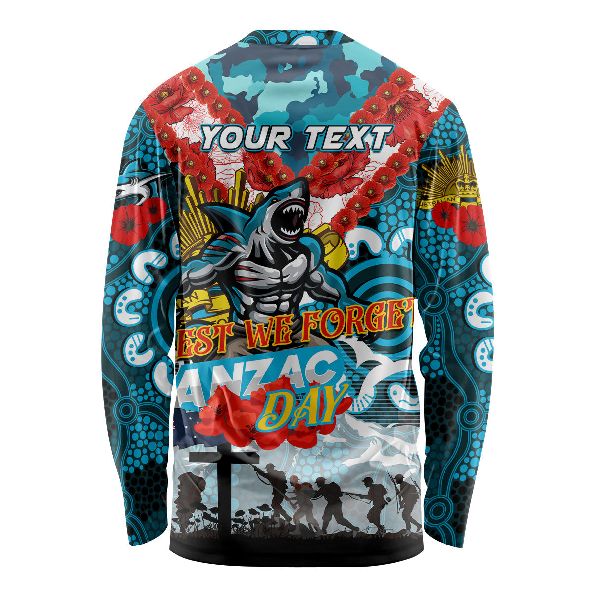Personalised Sharks ANZAC Day Long Sleeve Shirt Aboriginal Rising Sun