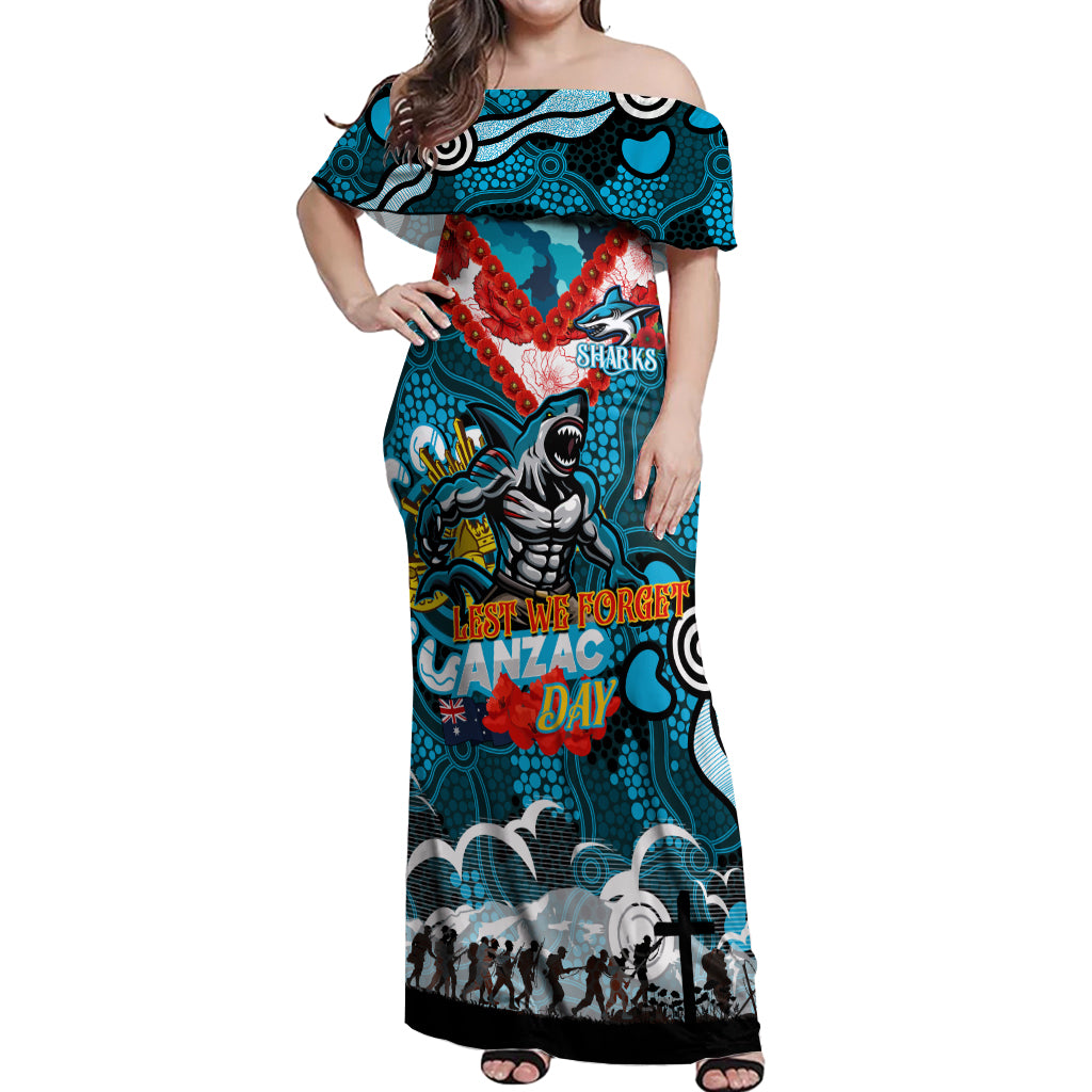 Personalised Sharks ANZAC Day Off Shoulder Maxi Dress Aboriginal Rising Sun