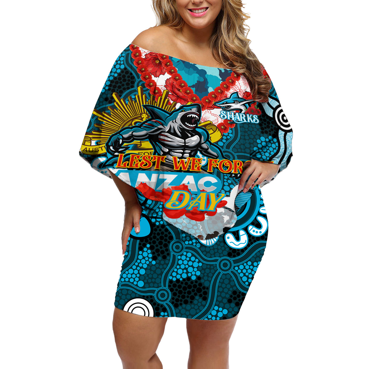 Personalised Sharks ANZAC Day Off Shoulder Short Dress Aboriginal Rising Sun
