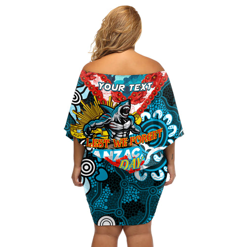 Personalised Sharks ANZAC Day Off Shoulder Short Dress Aboriginal Rising Sun