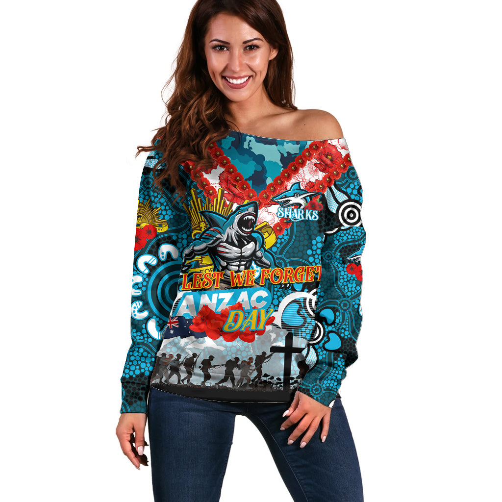Personalised Sharks ANZAC Day Off Shoulder Sweater Aboriginal Rising Sun