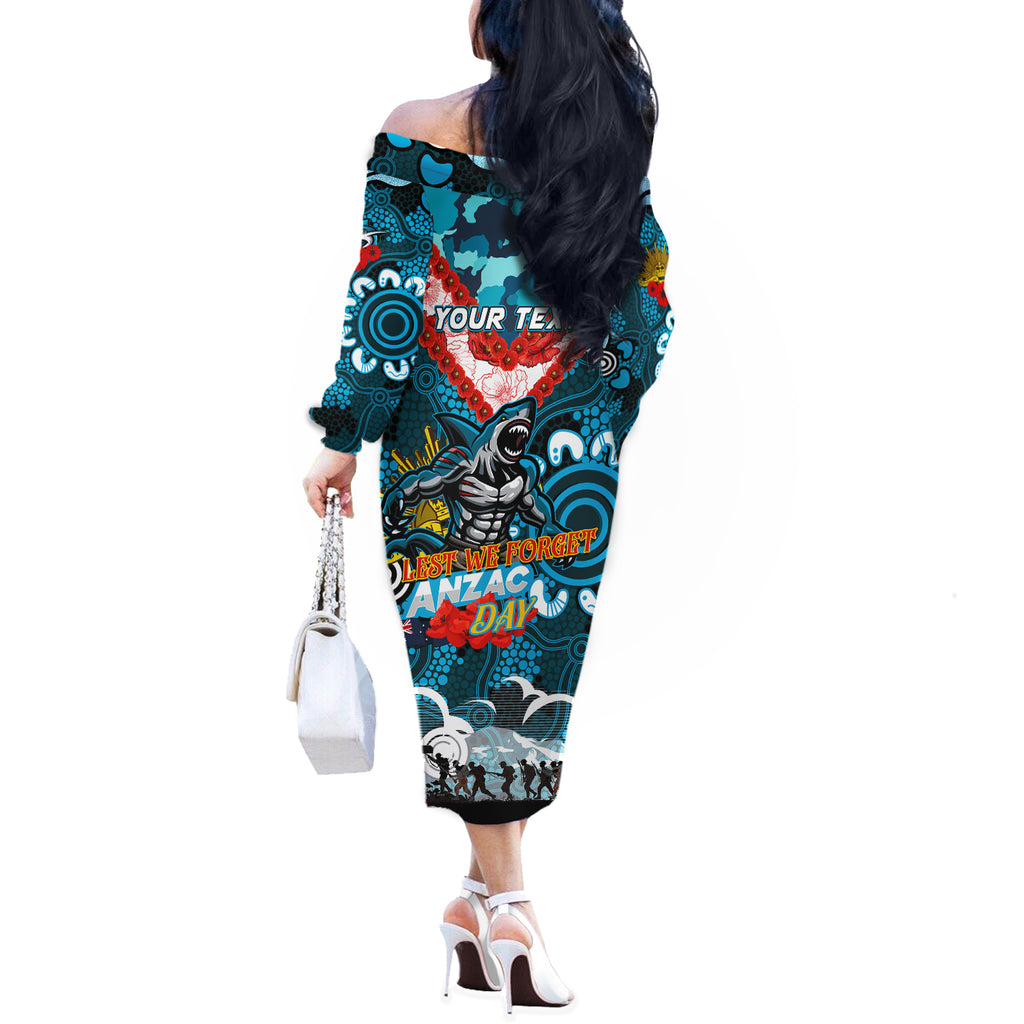 Personalised Sharks ANZAC Day Off The Shoulder Long Sleeve Dress Aboriginal Rising Sun