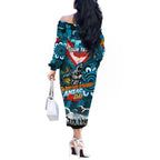 Personalised Sharks ANZAC Day Off The Shoulder Long Sleeve Dress Aboriginal Rising Sun