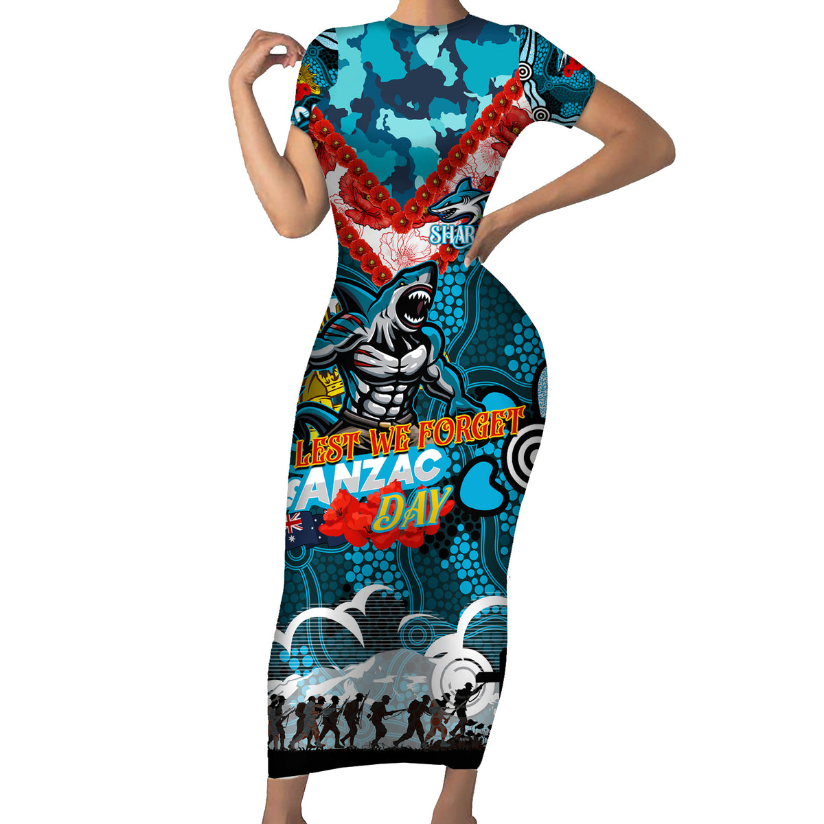 Personalised Sharks ANZAC Day Short Sleeve Bodycon Dress Aboriginal Rising Sun