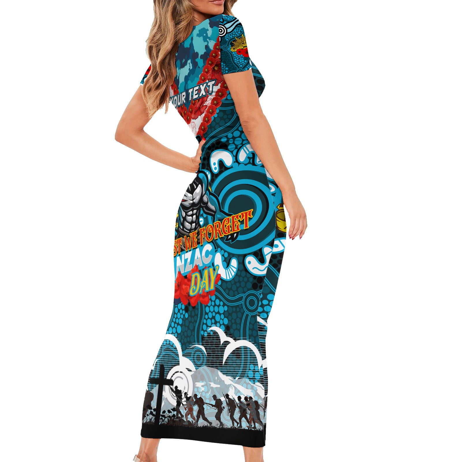 Personalised Sharks ANZAC Day Short Sleeve Bodycon Dress Aboriginal Rising Sun