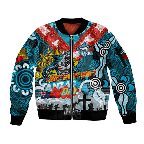 Personalised Sharks ANZAC Day Sleeve Zip Bomber Jacket Aboriginal Rising Sun