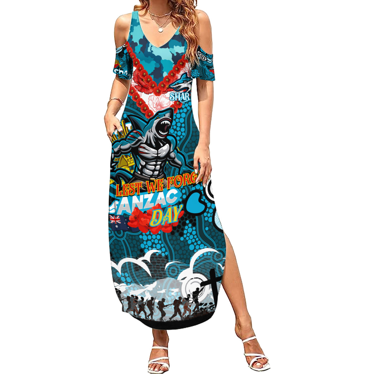 Personalised Sharks ANZAC Day Summer Maxi Dress Aboriginal Rising Sun