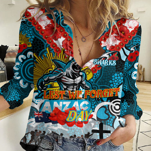 Personalised Sharks ANZAC Day Women Casual Shirt Aboriginal Rising Sun