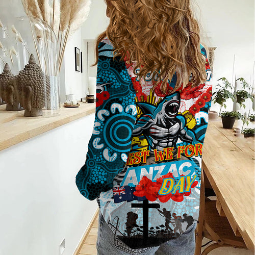 Personalised Sharks ANZAC Day Women Casual Shirt Aboriginal Rising Sun