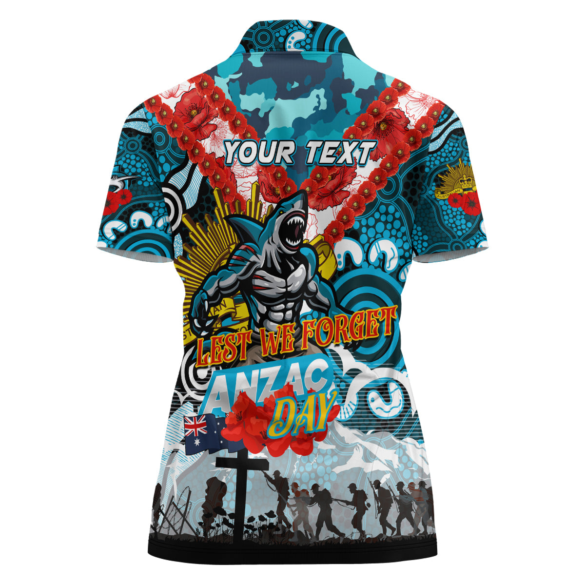 Personalised Sharks ANZAC Day Women Polo Shirt Aboriginal Rising Sun