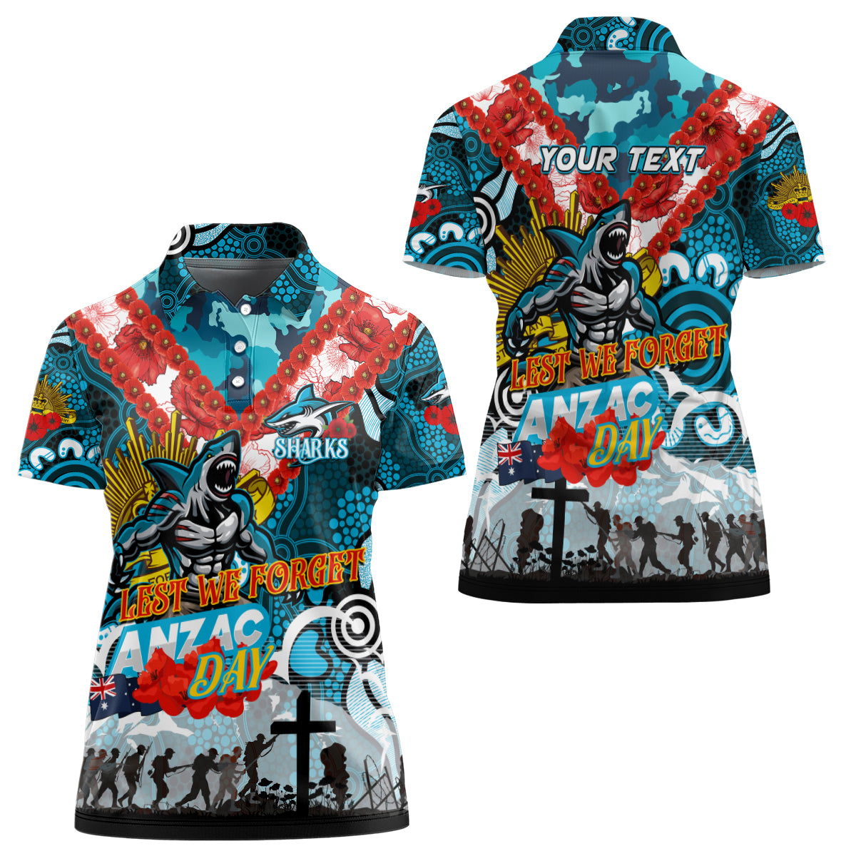 Personalised Sharks ANZAC Day Women Polo Shirt Aboriginal Rising Sun