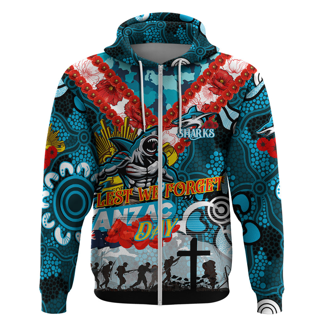 Personalised Sharks ANZAC Day Zip Hoodie Aboriginal Rising Sun