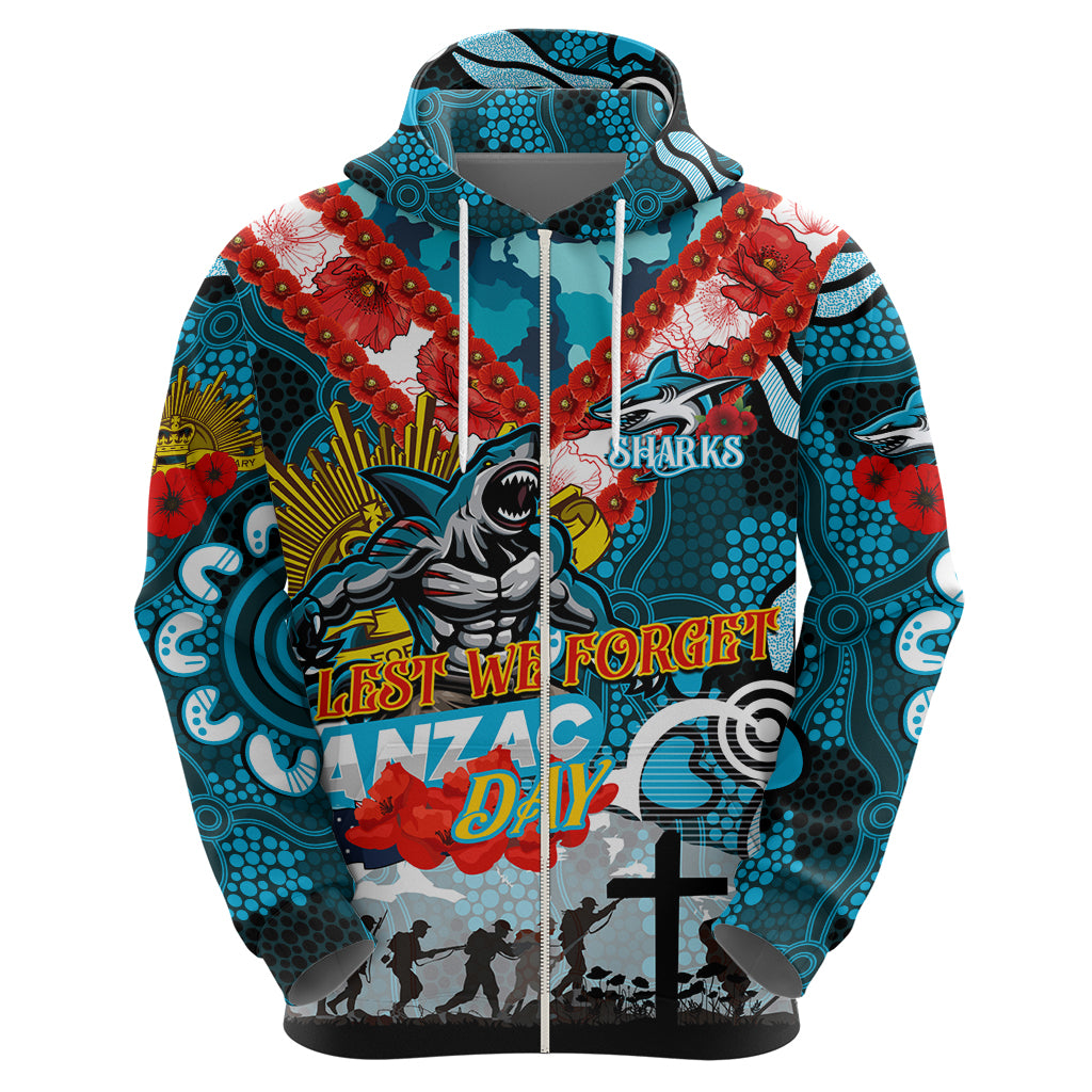Personalised Sharks ANZAC Day Zip Hoodie Aboriginal Rising Sun