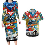 Personalised Titans ANZAC Day Couples Matching Long Sleeve Bodycon Dress and Hawaiian Shirt Aboriginal Rising Sun