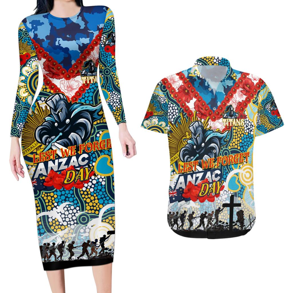 Personalised Titans ANZAC Day Couples Matching Long Sleeve Bodycon Dress and Hawaiian Shirt Aboriginal Rising Sun