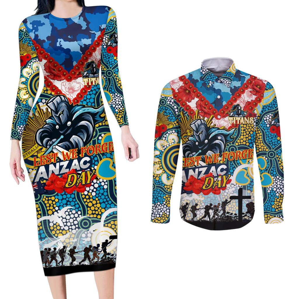 Personalised Titans ANZAC Day Couples Matching Long Sleeve Bodycon Dress and Long Sleeve Button Shirt Aboriginal Rising Sun
