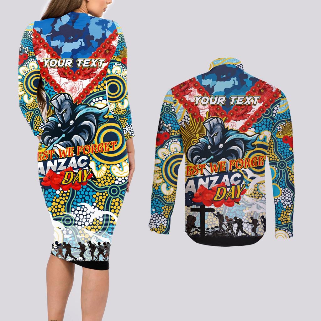 Personalised Titans ANZAC Day Couples Matching Long Sleeve Bodycon Dress and Long Sleeve Button Shirt Aboriginal Rising Sun