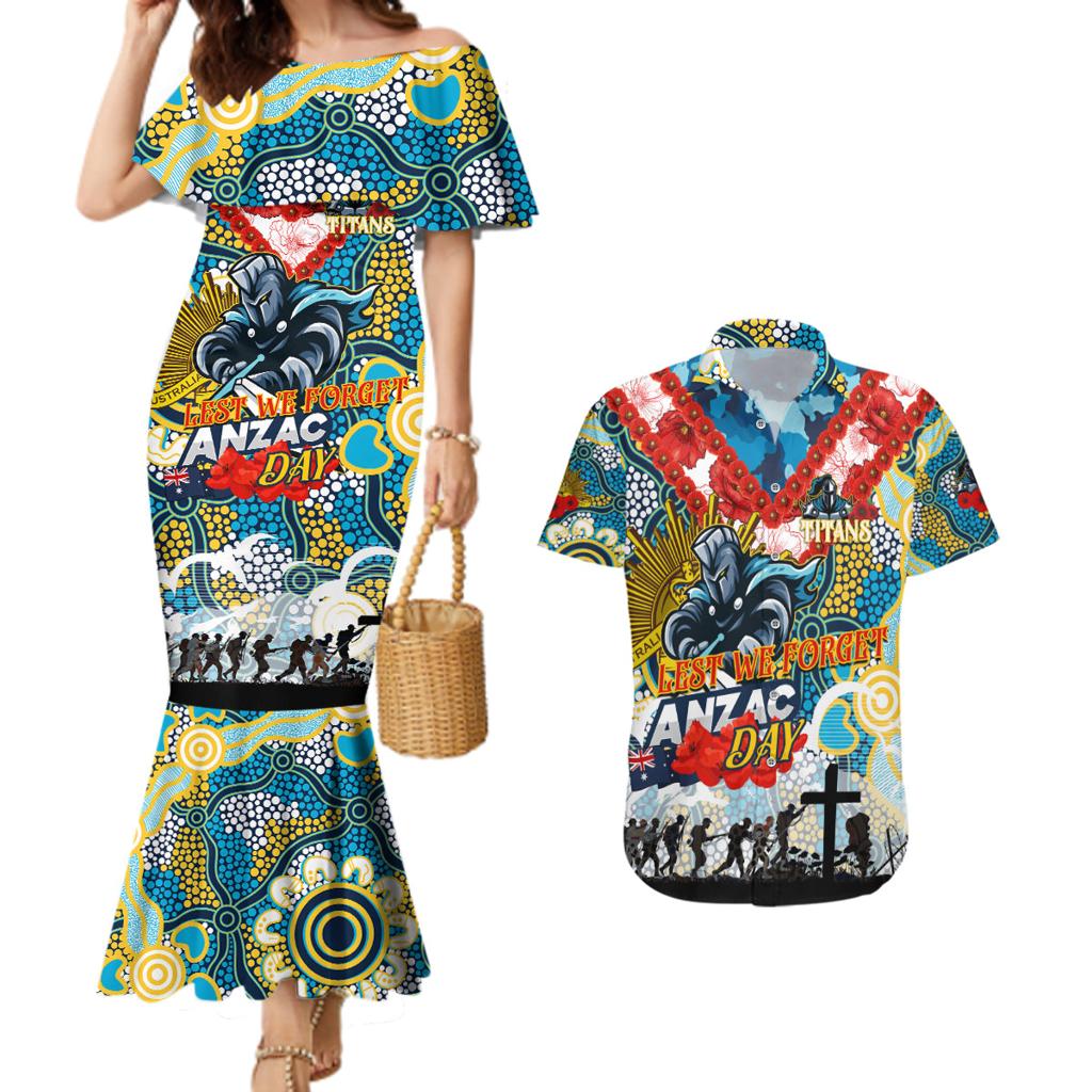Personalised Titans ANZAC Day Couples Matching Mermaid Dress and Hawaiian Shirt Aboriginal Rising Sun