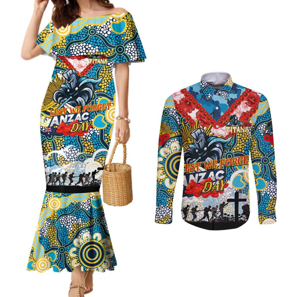 Personalised Titans ANZAC Day Couples Matching Mermaid Dress and Long Sleeve Button Shirt Aboriginal Rising Sun