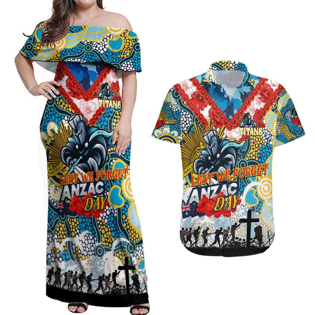 Personalised Titans ANZAC Day Couples Matching Off Shoulder Maxi Dress and Hawaiian Shirt Aboriginal Rising Sun