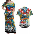 Personalised Titans ANZAC Day Couples Matching Off Shoulder Maxi Dress and Hawaiian Shirt Aboriginal Rising Sun