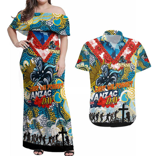 Personalised Titans ANZAC Day Couples Matching Off Shoulder Maxi Dress and Hawaiian Shirt Aboriginal Rising Sun