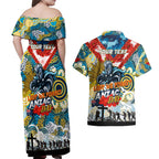 Personalised Titans ANZAC Day Couples Matching Off Shoulder Maxi Dress and Hawaiian Shirt Aboriginal Rising Sun