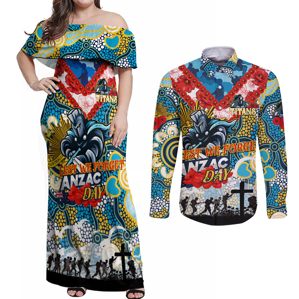 Personalised Titans ANZAC Day Couples Matching Off Shoulder Maxi Dress and Long Sleeve Button Shirt Aboriginal Rising Sun