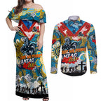 Personalised Titans ANZAC Day Couples Matching Off Shoulder Maxi Dress and Long Sleeve Button Shirt Aboriginal Rising Sun
