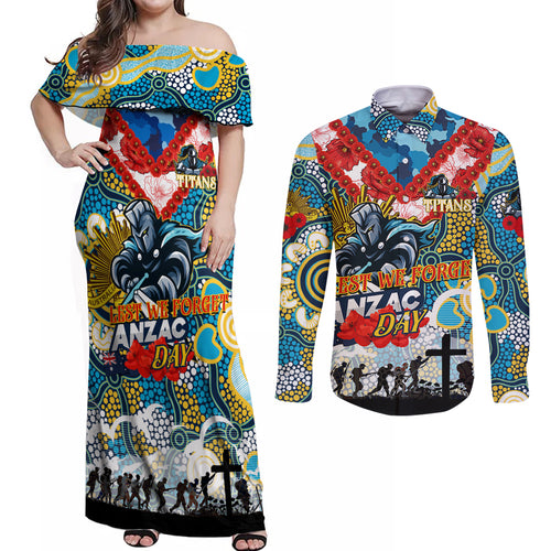 Personalised Titans ANZAC Day Couples Matching Off Shoulder Maxi Dress and Long Sleeve Button Shirt Aboriginal Rising Sun