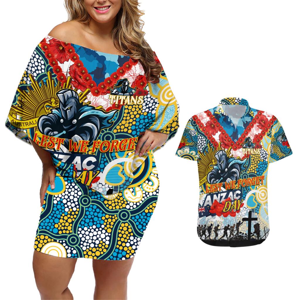 Personalised Titans ANZAC Day Couples Matching Off Shoulder Short Dress and Hawaiian Shirt Aboriginal Rising Sun