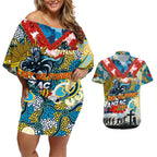 Personalised Titans ANZAC Day Couples Matching Off Shoulder Short Dress and Hawaiian Shirt Aboriginal Rising Sun