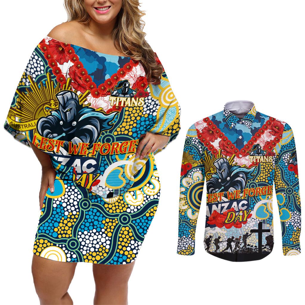 Personalised Titans ANZAC Day Couples Matching Off Shoulder Short Dress and Long Sleeve Button Shirt Aboriginal Rising Sun