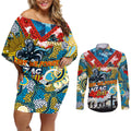 Personalised Titans ANZAC Day Couples Matching Off Shoulder Short Dress and Long Sleeve Button Shirt Aboriginal Rising Sun