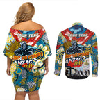 Personalised Titans ANZAC Day Couples Matching Off Shoulder Short Dress and Long Sleeve Button Shirt Aboriginal Rising Sun