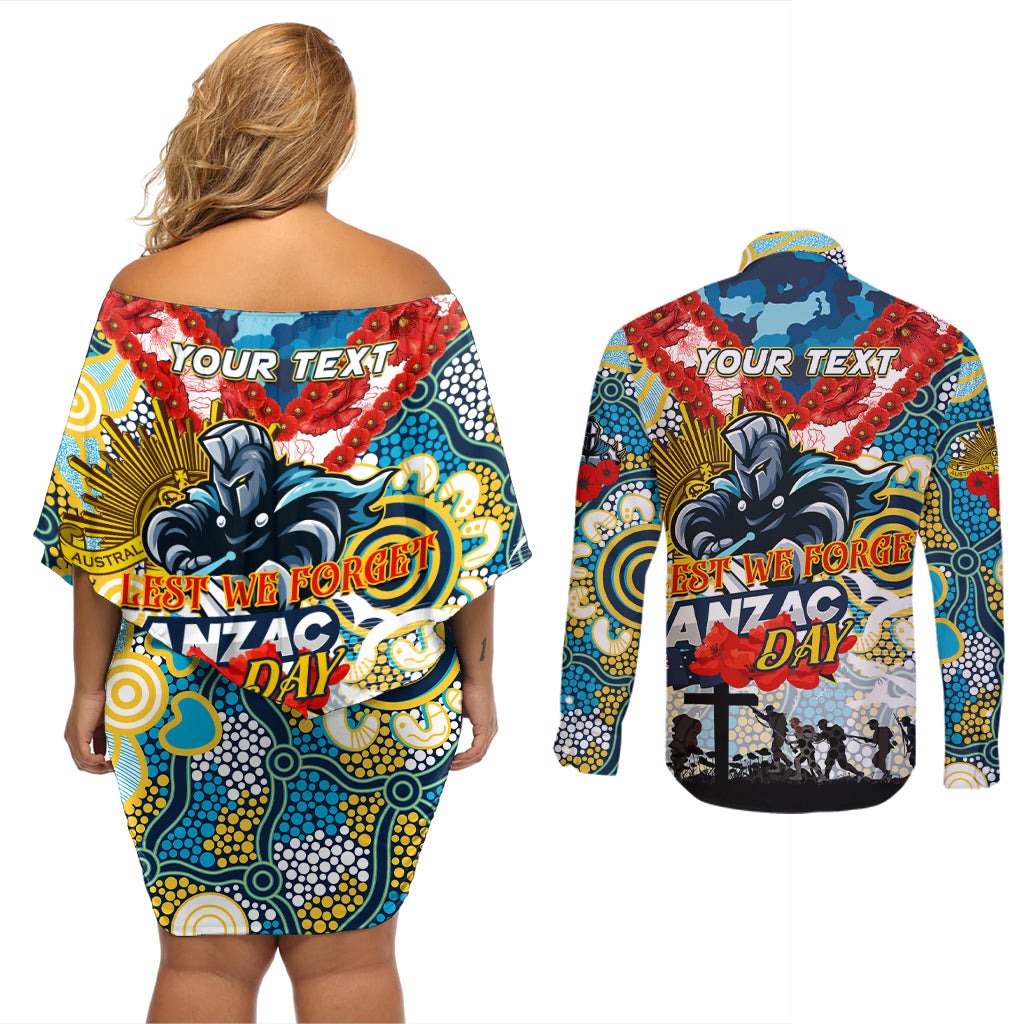 Personalised Titans ANZAC Day Couples Matching Off Shoulder Short Dress and Long Sleeve Button Shirt Aboriginal Rising Sun
