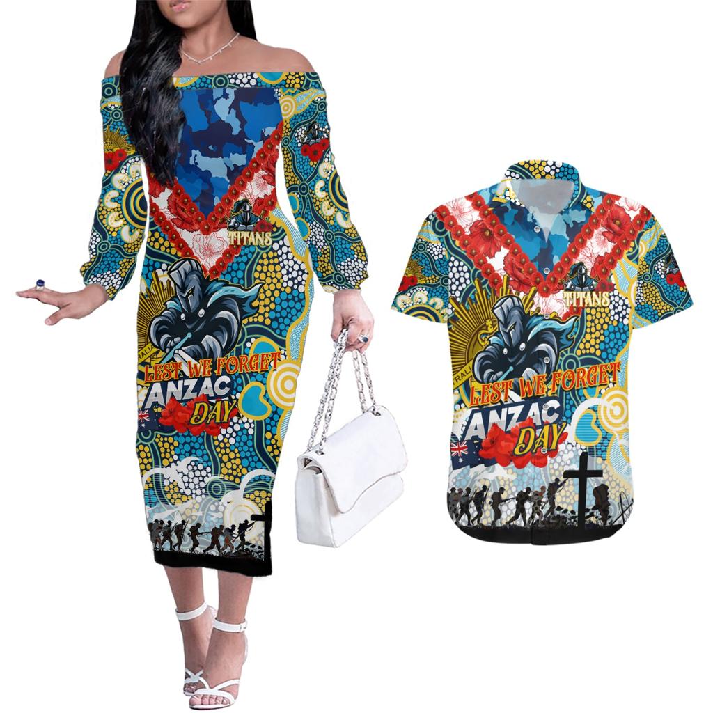 Personalised Titans ANZAC Day Couples Matching Off The Shoulder Long Sleeve Dress and Hawaiian Shirt Aboriginal Rising Sun