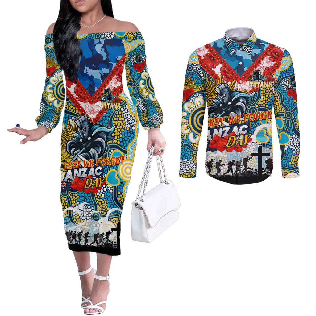 Personalised Titans ANZAC Day Couples Matching Off The Shoulder Long Sleeve Dress and Long Sleeve Button Shirt Aboriginal Rising Sun