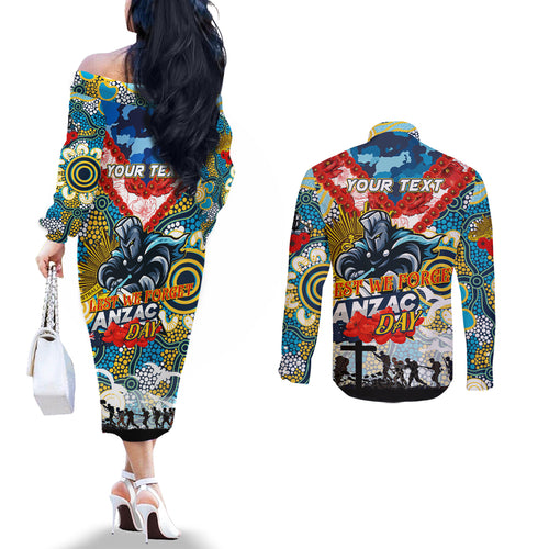 Personalised Titans ANZAC Day Couples Matching Off The Shoulder Long Sleeve Dress and Long Sleeve Button Shirt Aboriginal Rising Sun