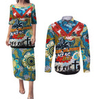 Personalised Titans ANZAC Day Couples Matching Puletasi and Long Sleeve Button Shirt Aboriginal Rising Sun