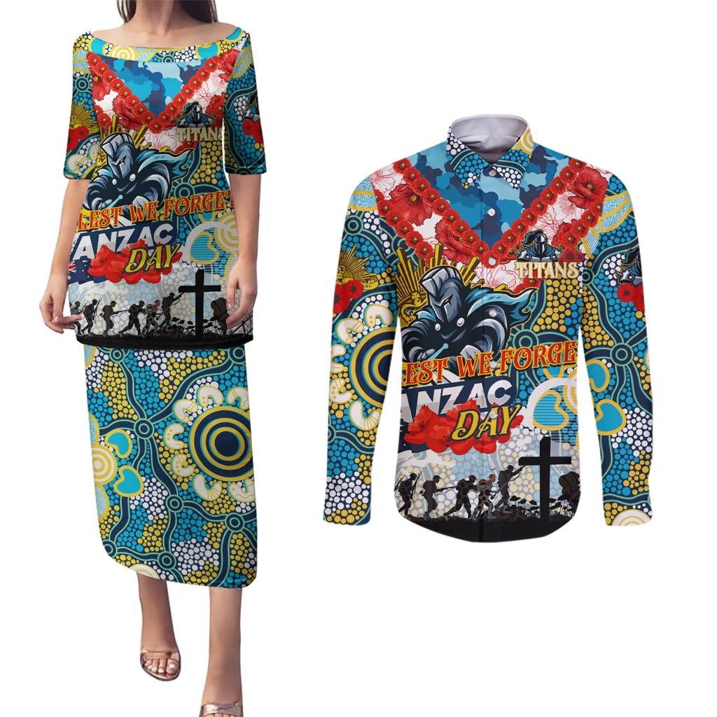 Personalised Titans ANZAC Day Couples Matching Puletasi and Long Sleeve Button Shirt Aboriginal Rising Sun