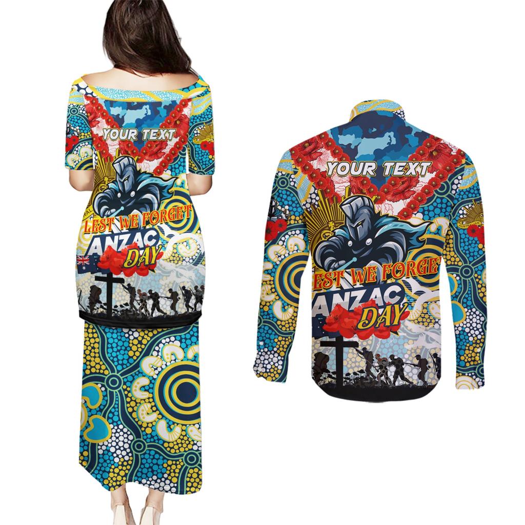 Personalised Titans ANZAC Day Couples Matching Puletasi and Long Sleeve Button Shirt Aboriginal Rising Sun
