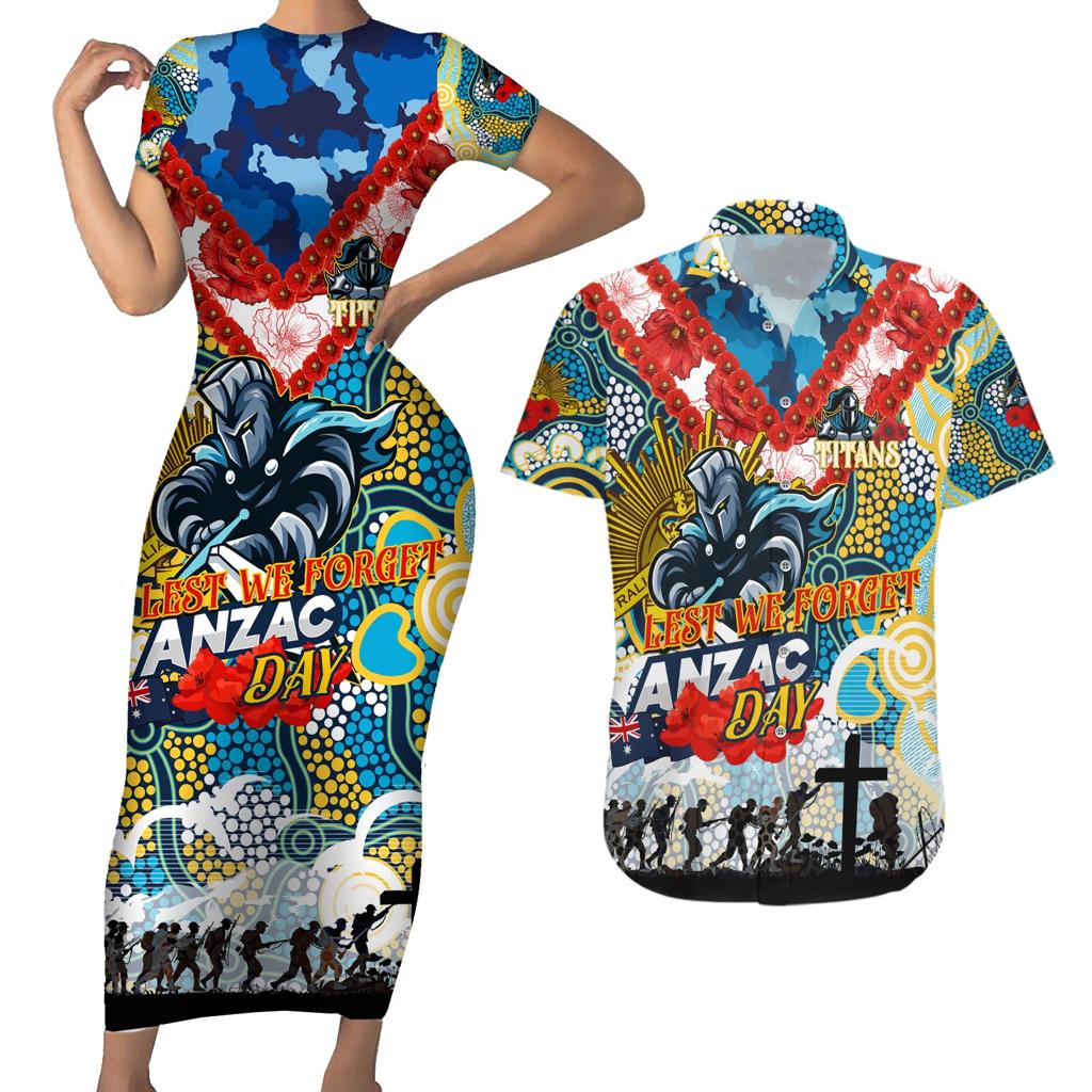 Personalised Titans ANZAC Day Couples Matching Short Sleeve Bodycon Dress and Hawaiian Shirt Aboriginal Rising Sun