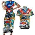Personalised Titans ANZAC Day Couples Matching Short Sleeve Bodycon Dress and Hawaiian Shirt Aboriginal Rising Sun
