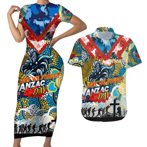 Personalised Titans ANZAC Day Couples Matching Short Sleeve Bodycon Dress and Hawaiian Shirt Aboriginal Rising Sun